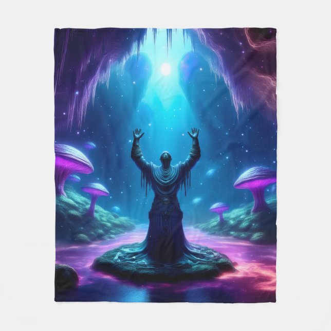 Man In Flowing Robe Raises Arms Upward Glowing Orb Fleece Blanket (Front)
