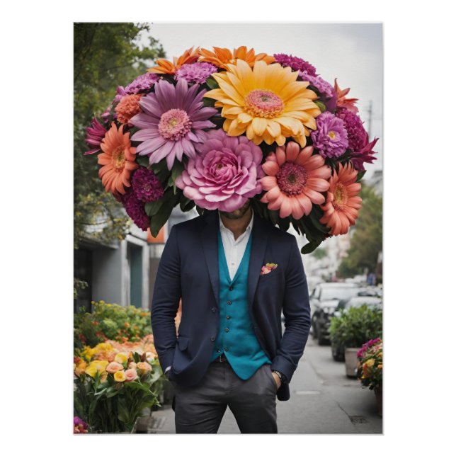 Man In Suit With Head Covered In Flowers Poster (Front)