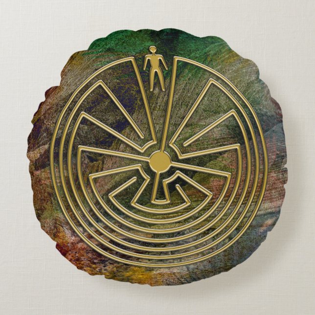 MAN IN THE MAZE gold + your background Round Pillow (Front)