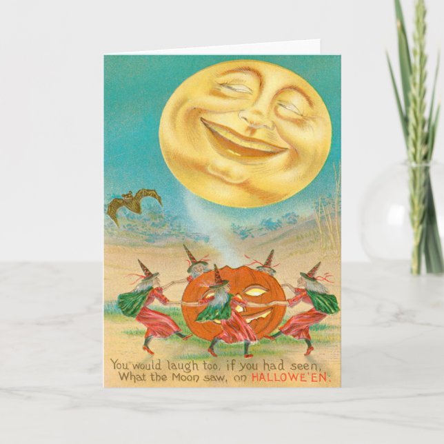 Man In The Moon Bat Witch Jack O Lantern Card (Front)