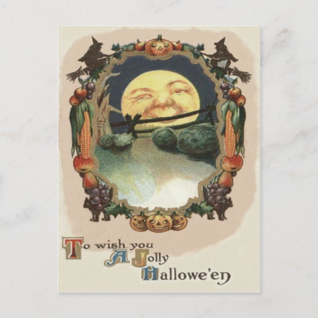 Man In The Moon Jack O Lantern Witch Postcard (Front)