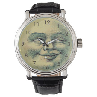 Man in the Moon Watch-Vintage Leather Black Strap Watch