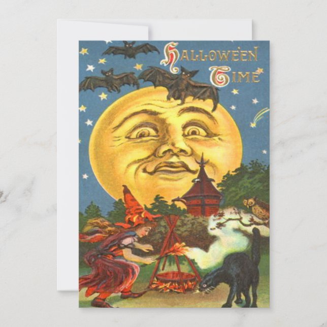 Man In The Moon Witch Black Cat Bat Stars Invitation (Front)