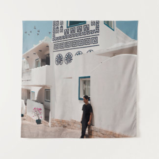 Man lean on concrete house tapestry