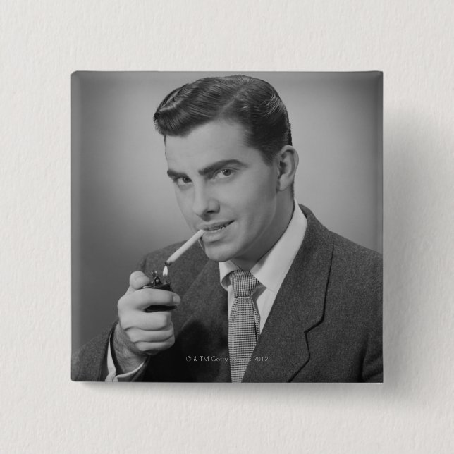 Man Lighting Cigarette 2 Inch Square Button (Front)