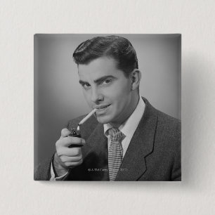 Man Lighting Cigarette 2 Inch Square Button