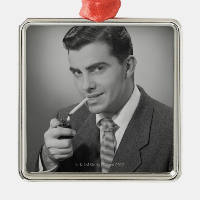 Man Lighting Cigarette Metal Ornament (Front)