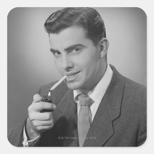 Man Lighting Cigarette Square Sticker (Front)