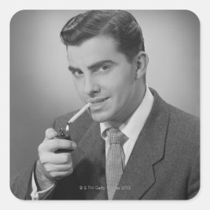 Man Lighting Cigarette Square Sticker