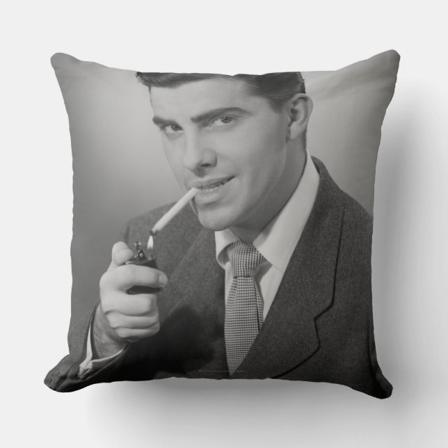 Man Lighting Cigarette Throw Pillow (Front)