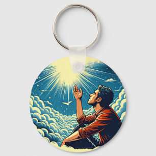 Man looking up to heaven TALKING TO gOD Keychain