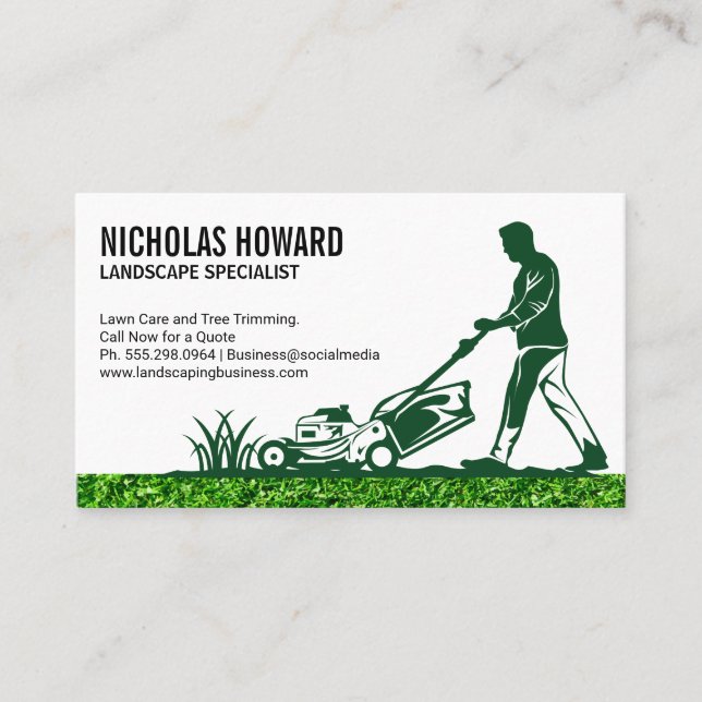 Man Mowing The Lawn | Landscaping Business Card (Front)