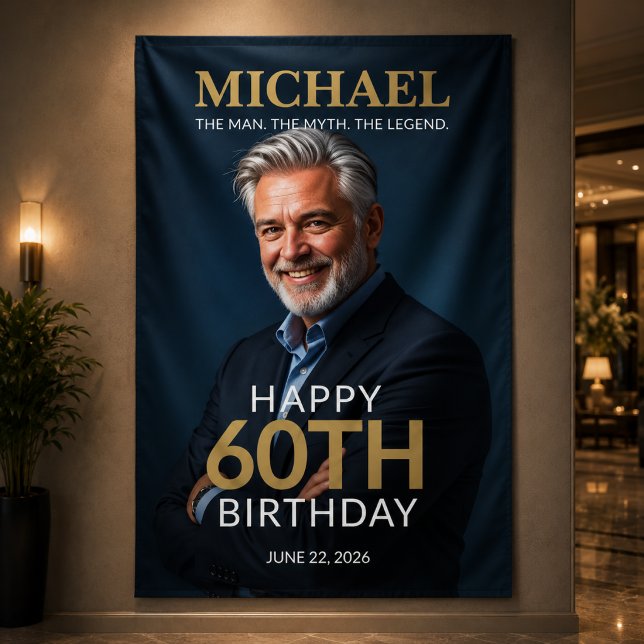 Man Myth Legend 60th Birthday Banner (Luxury navy and gold 60th birthday wall banner displayed in an upscale hotel setting.)