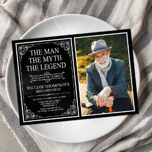 Man Myth Legend Black 80th Birthday Photo Invitation