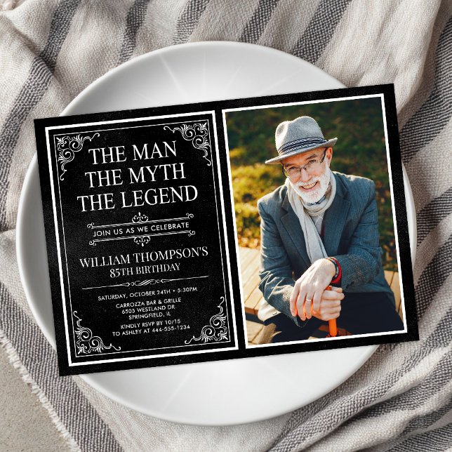 Man Myth Legend Black 85th Birthday Photo Invitation (Creator Uploaded)