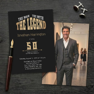 Man Myth Legend Black Brushed Gold 50th Photo Invitation