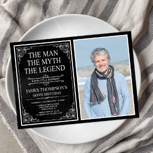 Man Myth Legend Black Surprise 60th Birthday Photo Invitation