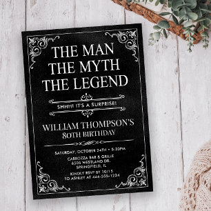 Man Myth Legend Black Surprise 80th Birthday Invitation