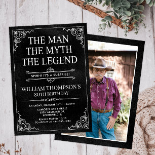 Man Myth Legend Black Surprise 80th Birthday Photo Invitation