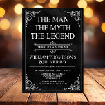 Man Myth Legend Black Surprise 80th Birthday Photo Invitation<br><div class="desc">He IS The Man The Myth The LEGEND! His life has been an amazing adventure and it's time to celebrate his legacy and him. This textured black paper with white type and white scrolled corner surprise 80th Birthday invitation with the guest of honour's photo on the back is perfect for...</div>