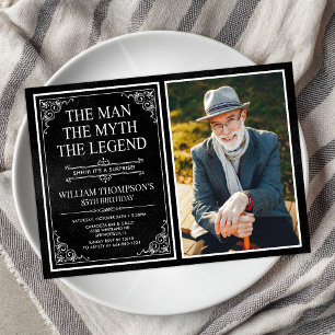 Man Myth Legend Black Surprise 85th Birthday Photo Invitation