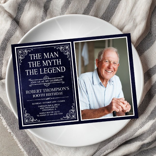 Man Myth Legend Blue 100th Birthday Photo Invitation (Creator Uploaded)