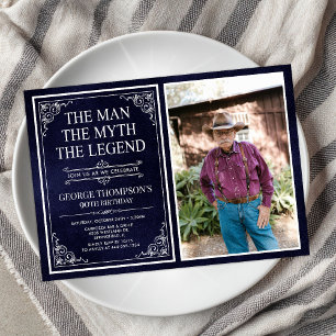 Man Myth Legend Blue 90th Birthday Photo Invitation