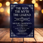 Man Myth Legend Blue Surprise 50th Birthday Invitation<br><div class="desc">He IS The Man The Myth The LEGEND! His life has been an amazing adventure and it's time to celebrate his legacy and him. This textured navy blue paper with white type and white scrolled corner surprise 50th Birthday invitation with the guest of honour's photo on the back is perfect...</div>