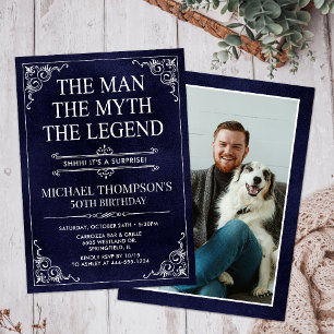 Man Myth Legend Blue Surprise 50th Birthday Photo Invitation