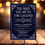 Man Myth Legend Blue Surprise 60th Birthday Photo Invitation<br><div class="desc">He IS The Man The Myth The LEGEND! His life has been an amazing adventure and it's time to celebrate his legacy and him. This textured navy blue paper with white type and white scrolled corner surprise 60th Birthday invitation with the guest of honour's photo on the back is perfect...</div>