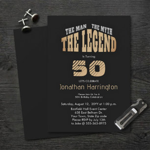 Man Myth Legend Bold Etched Black Gold 50th Party Invitation