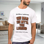 Man myth legend name fun brick wall brithday T-Shirt<br><div class="desc">For a white/light coloured t-shirt. Text: The Man,  The Myth,  The Legend. Brown brick wall font. Personalize and add a name and age.</div>