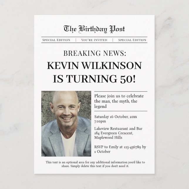 Man, Myth, Legend Newspaper Birthday Invitation (Front)