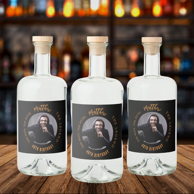 Man myth legend photo black gold birthday party liquor bottle label (Creator Uploaded)