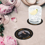 Man myth legend photo black gold birthday party round paper coaster<br><div class="desc">A classic black background.   Text: The Man,  The Myth,  The Legend. Personalize and add his name,  age and photo.</div>