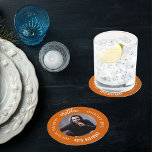 Man myth legend photo burnt orange birthday party round paper coaster<br><div class="desc">A trendy burnt orange coloured background.   Text: The Man,  The Myth,  The Legend. Personalize and add his name,  age and photo. White text.</div>