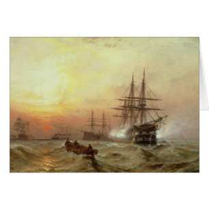 Man-o'-War firing a salute at sunset