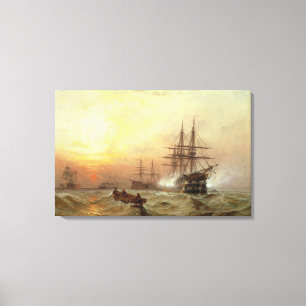 Man-o'-War firing a salute at sunset Canvas Print