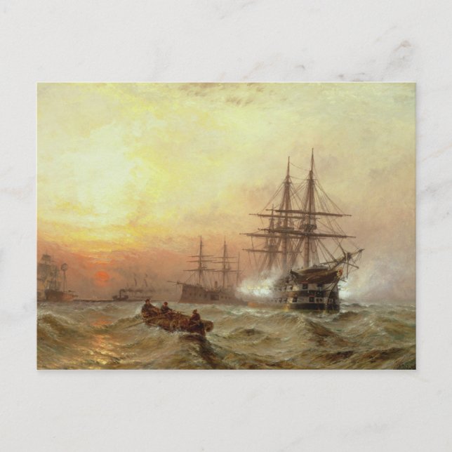 Man-o'-War firing a salute at sunset Postcard (Front)