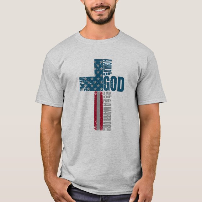 Man of Faith American Flag Cross Distressed T-Shirt (Front)