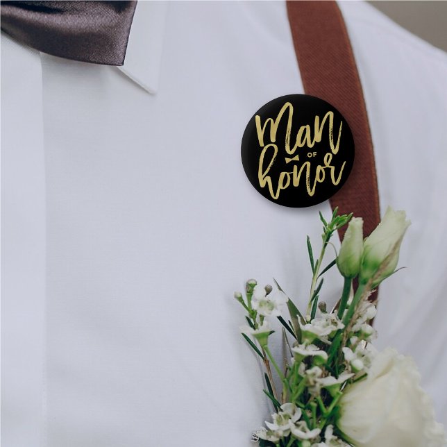 Man Of Honour Chic Gold Script Bridal Party Weddin 2 Inch Round Button (MAN OF HONOR Chic Gold Brush Script Calligraphy Bridal Party Wedding Pin Button @ fatfatin_blue_knot)