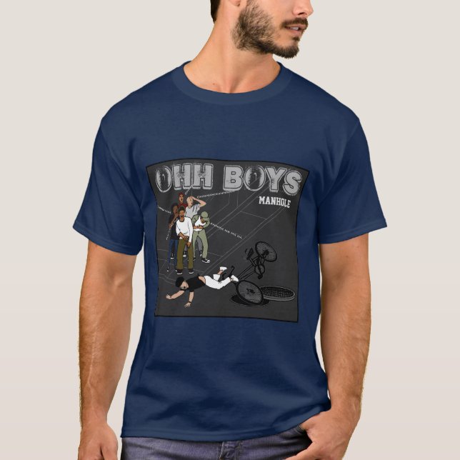 Man on Bike Hits Manhole OHH BOYS Crack Up T-Shirt (Front)