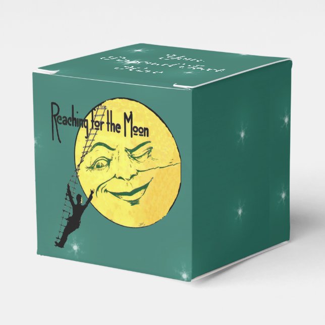 Man on Ladder Reaching for Winking Moon Green Favor Box (Front Side)