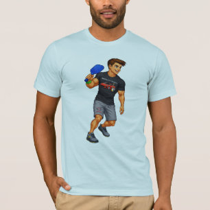 Man playing pickleball with a Corvette Bass shirt