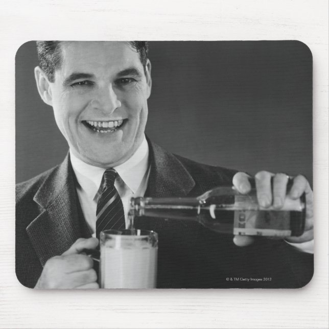 Man pouring beer from bottle to pitcher (B&W), Mouse Pad (Front)