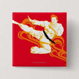 Man practicing martial arts, performing mid air 2 inch square button