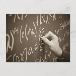 Man printing math equations on a chalkboard postcard