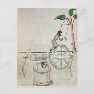 Man Putting into Motion a Wheel-Driven Well Postcard