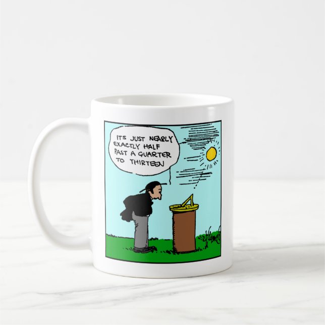 Man Reading a Sundial mug (Rube Goldberg art) (Left)