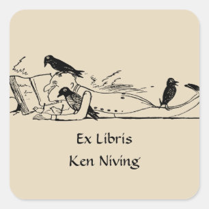 Man Reading With Crows Bookplate Square Sticker